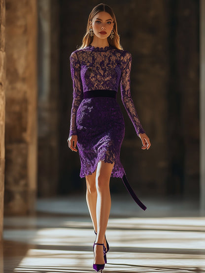 Intellectual and Elegant Round Neck Purple Lace Mini Dress