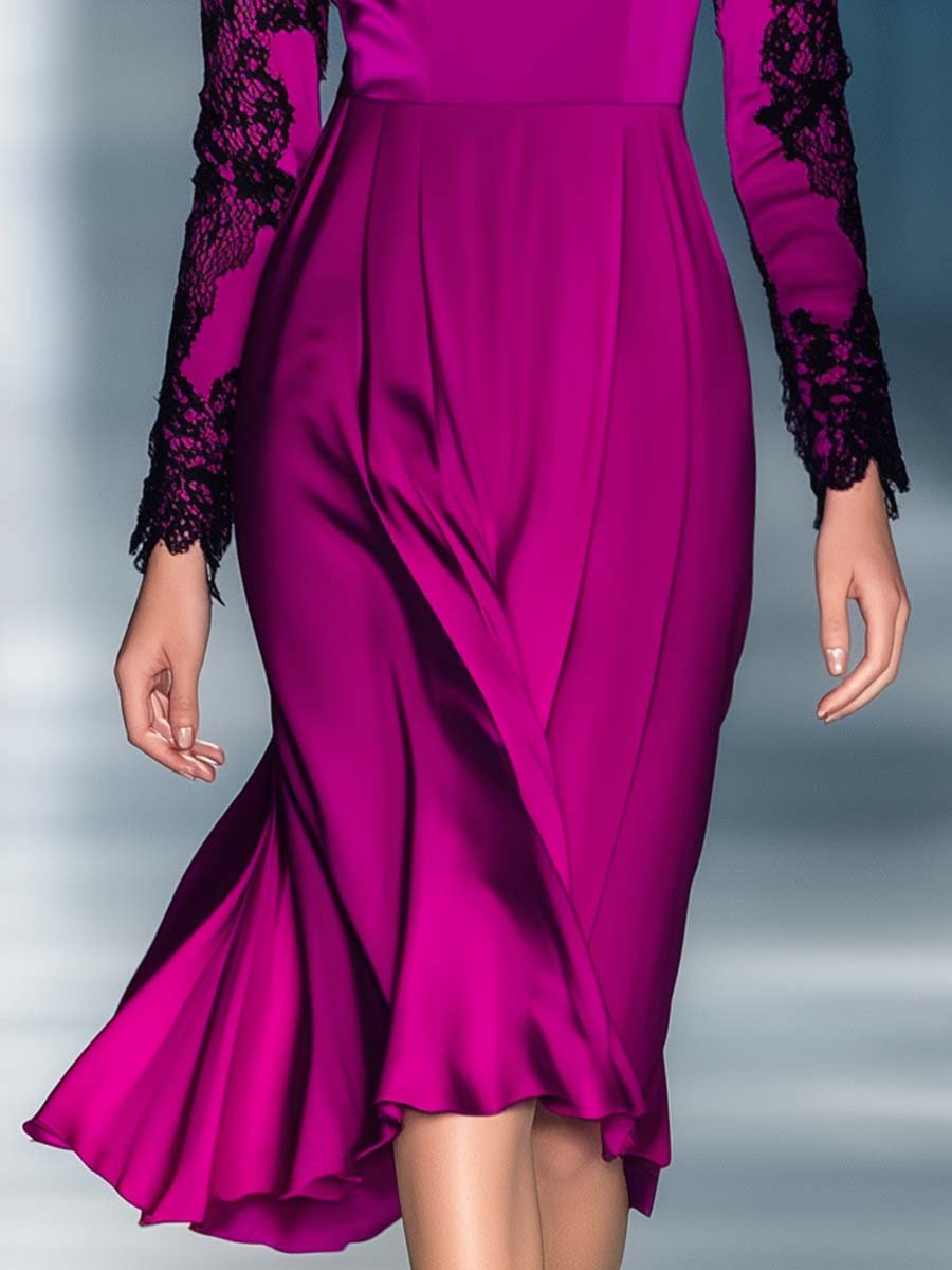 Temperament Half Turtleneck Lace Splicing Magenta Satin Midi Dress