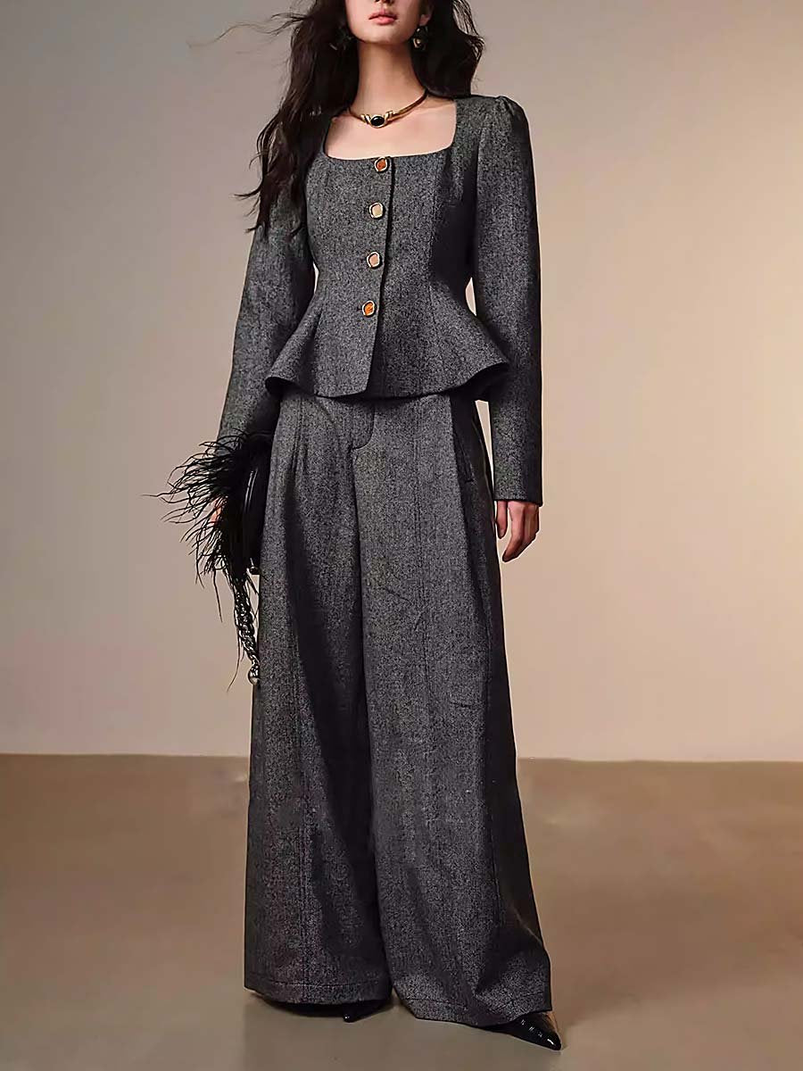 Retro And Fashionable Temperament Exquisite Herringbone Pattern Wide-Leg Pants Suit