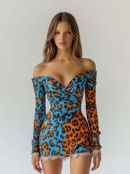 Sexy and Charming One-shoulder Leopard Print Lace Mini Dress