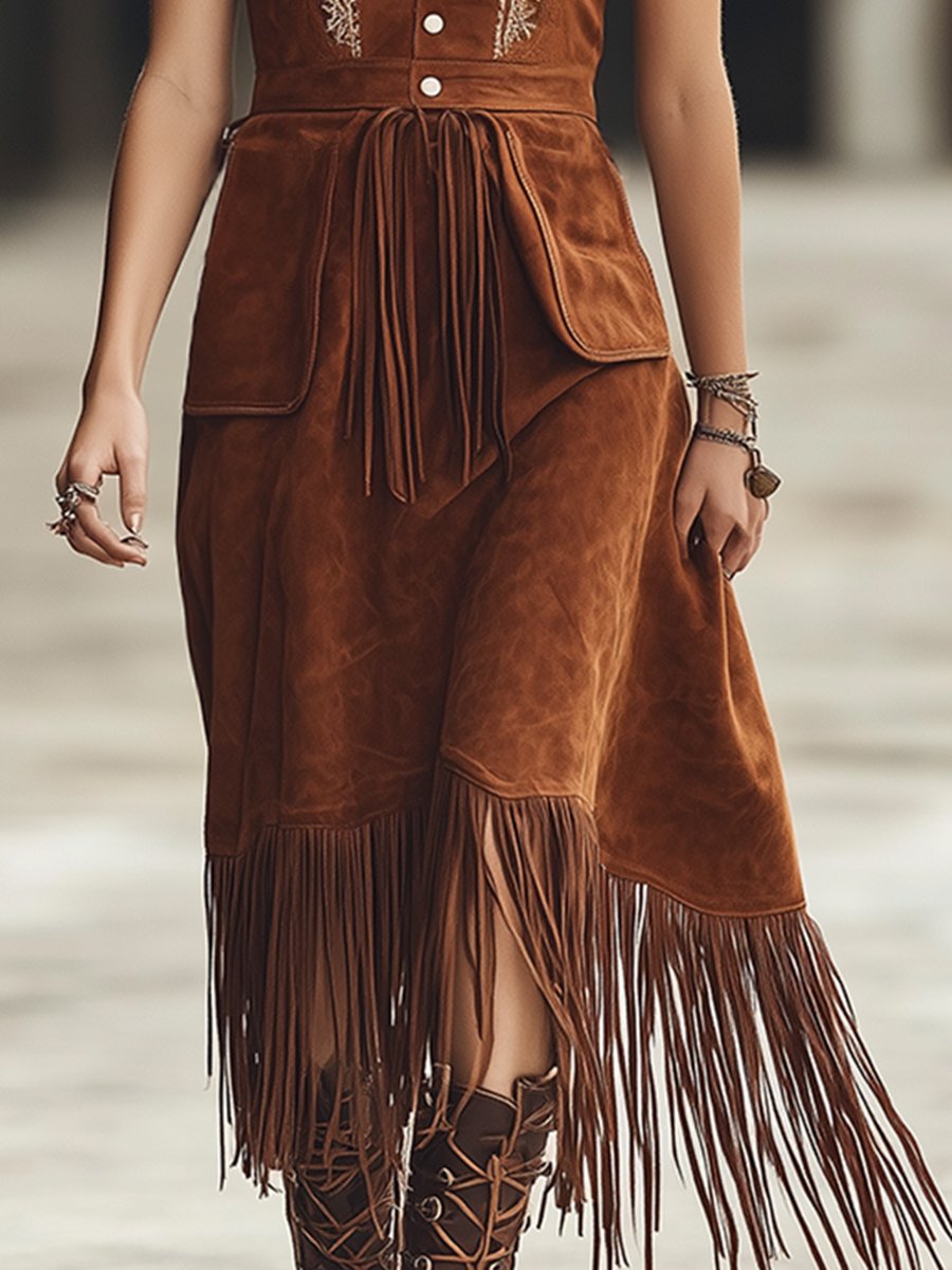 Vintage Western Fringe Brown Suede Midi Vest Dress