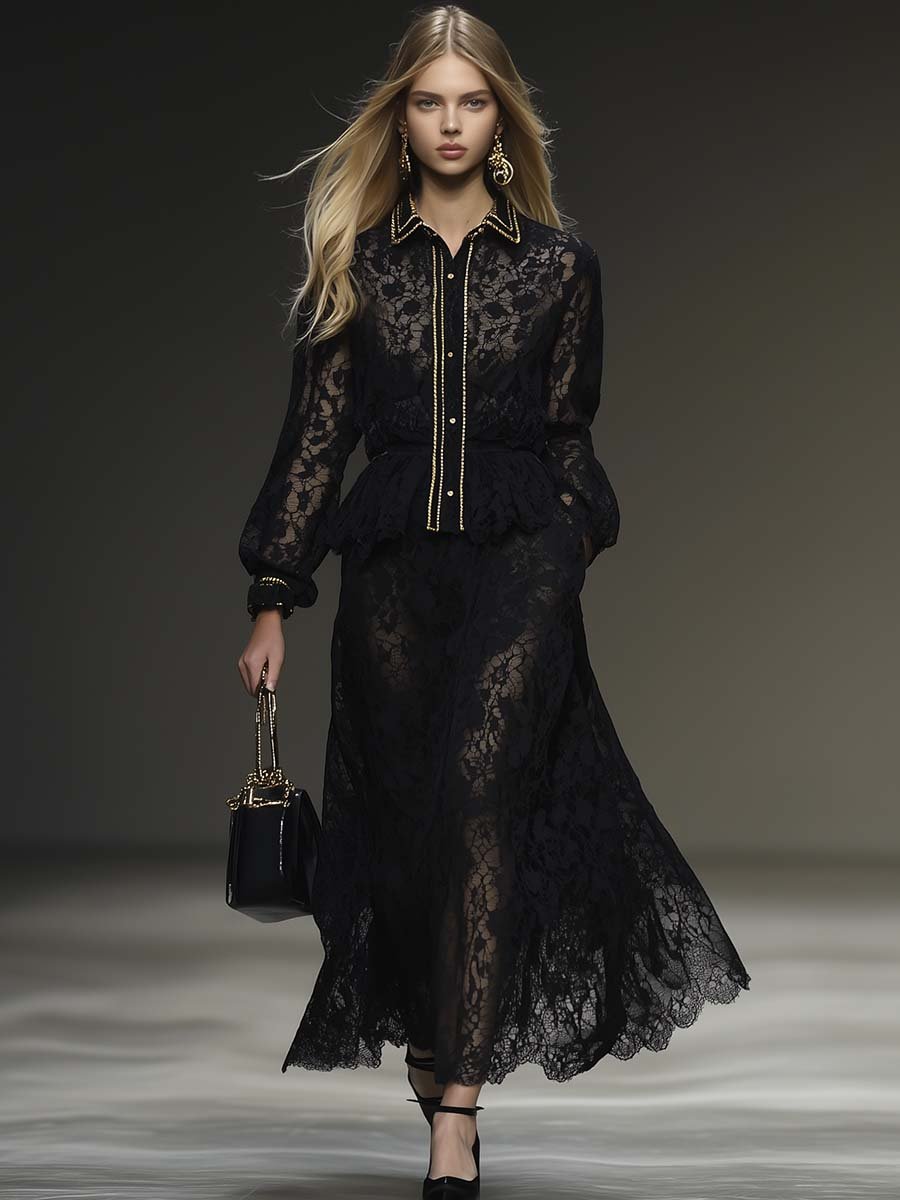 Fashionable and Calm Black Lace Fake Two-piece Maxi Dress