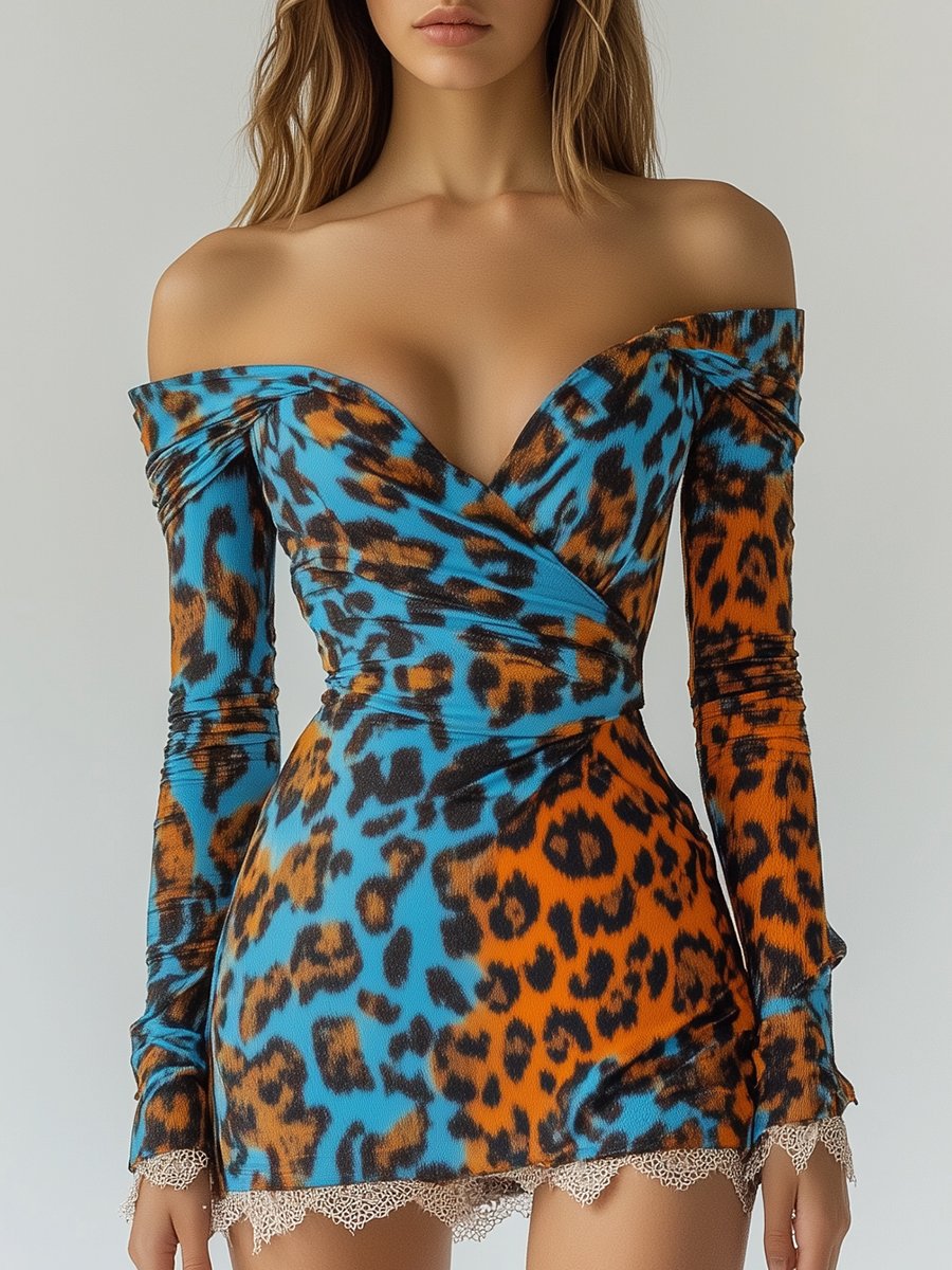 Sexy and Charming One-shoulder Leopard Print Lace Mini Dress