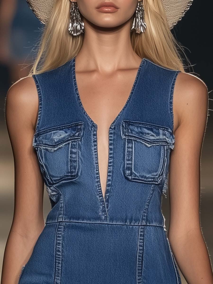 Fashion Personality V-neck Sleeveless Tassel Simple Denim Mini Dress