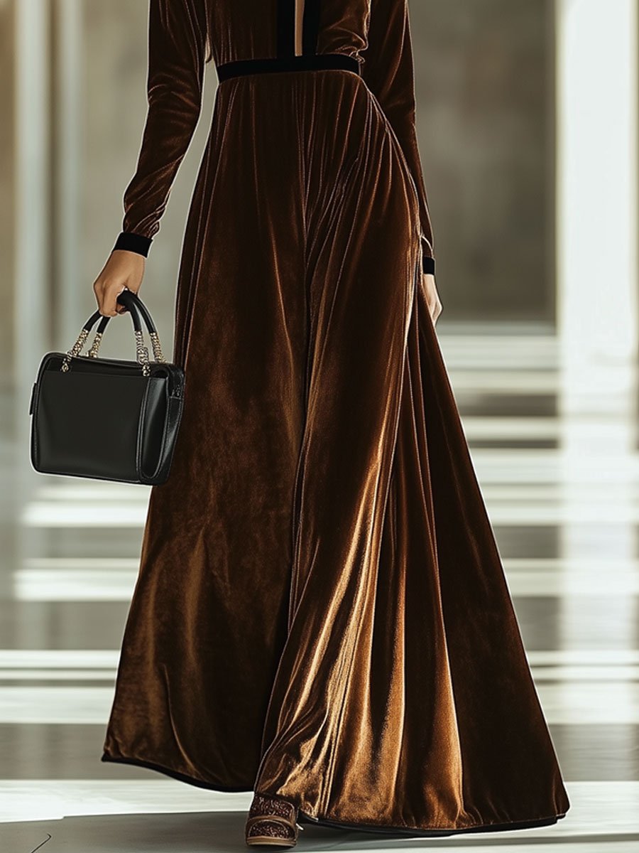 Retro Fashion Velvet Colorblock Hollow Long Sleeve Maxi Dress