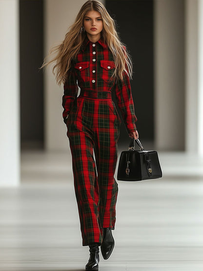 Casual Loose Retro Woolen Red And Green Plaid Multi-Pocket Long-Sleeved Jumpsuit