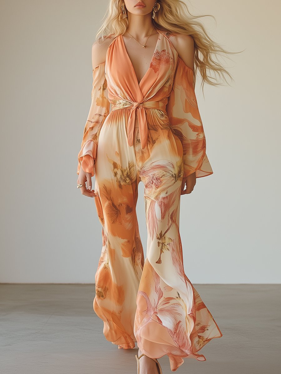 Elegant and Charming Off The Shoulder Light Orange Chiffon Print Long-sleeved Jumpsuit