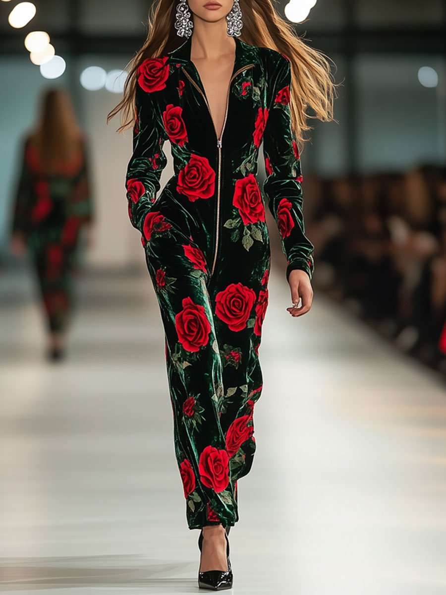 Casual Loose Retro Green Velvet Red Rose Print Long Sleeve Zipper Jumpsuit