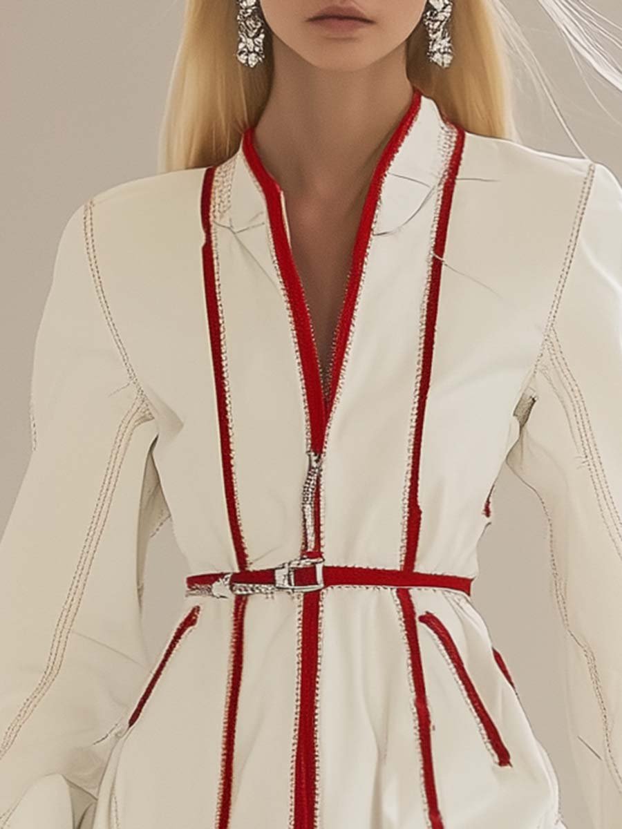 Fashion Front Zipper with Red Trim Off-white Denim Mini Dress