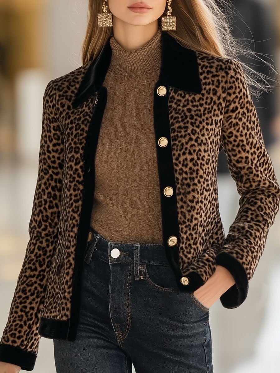 Casual Loose Vintage Velvet Leopard Print Black Trim Single-Breasted Coat