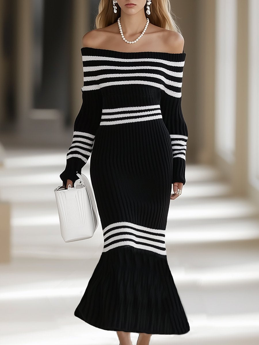 High-End Fashion Lazy One-Shoulder Black And White Striped Maxi Dress