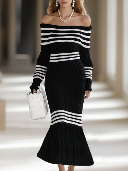 High-End Fashion Lazy One-Shoulder Black And White Striped Maxi Dress