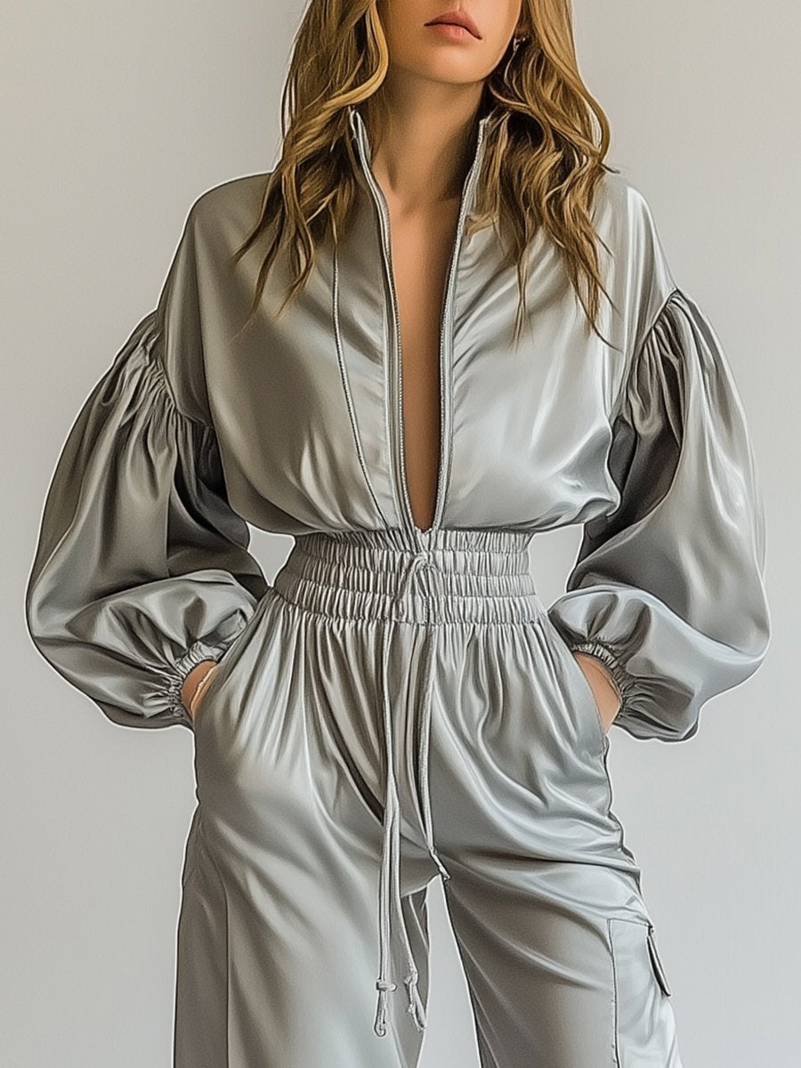 Elegant and Fashionable Zipper Luxury Satin Grey Puff Sleeve Jumpsuit