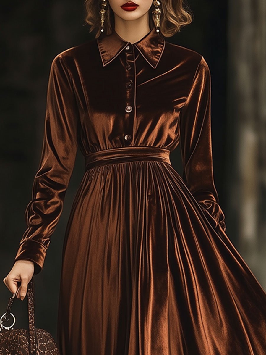 Casual Retro Lapel Chocolate Velvet Long Sleeve Midi Dress