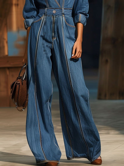 【24-hour shipping】Casual Loose Retro Belted Long Sleeve Denim Jumpsuit