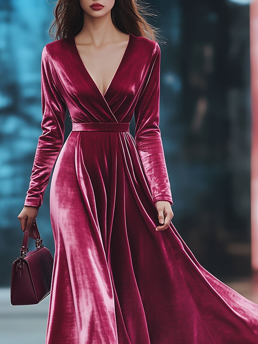 Solid Color Simple Fashion Party Long Sleeve V-Neck Maxi Dress