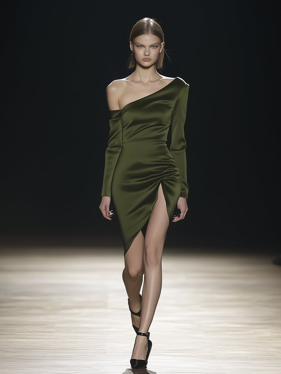 Fashion Slim Dark Green Off-shoulder Slit Satin Mini Dress