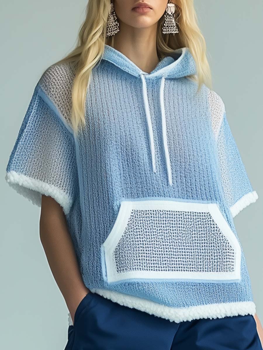 Fashionable Hooded White Trim Light Blue Semi-Transparent Knitted Mesh Sweatshirt