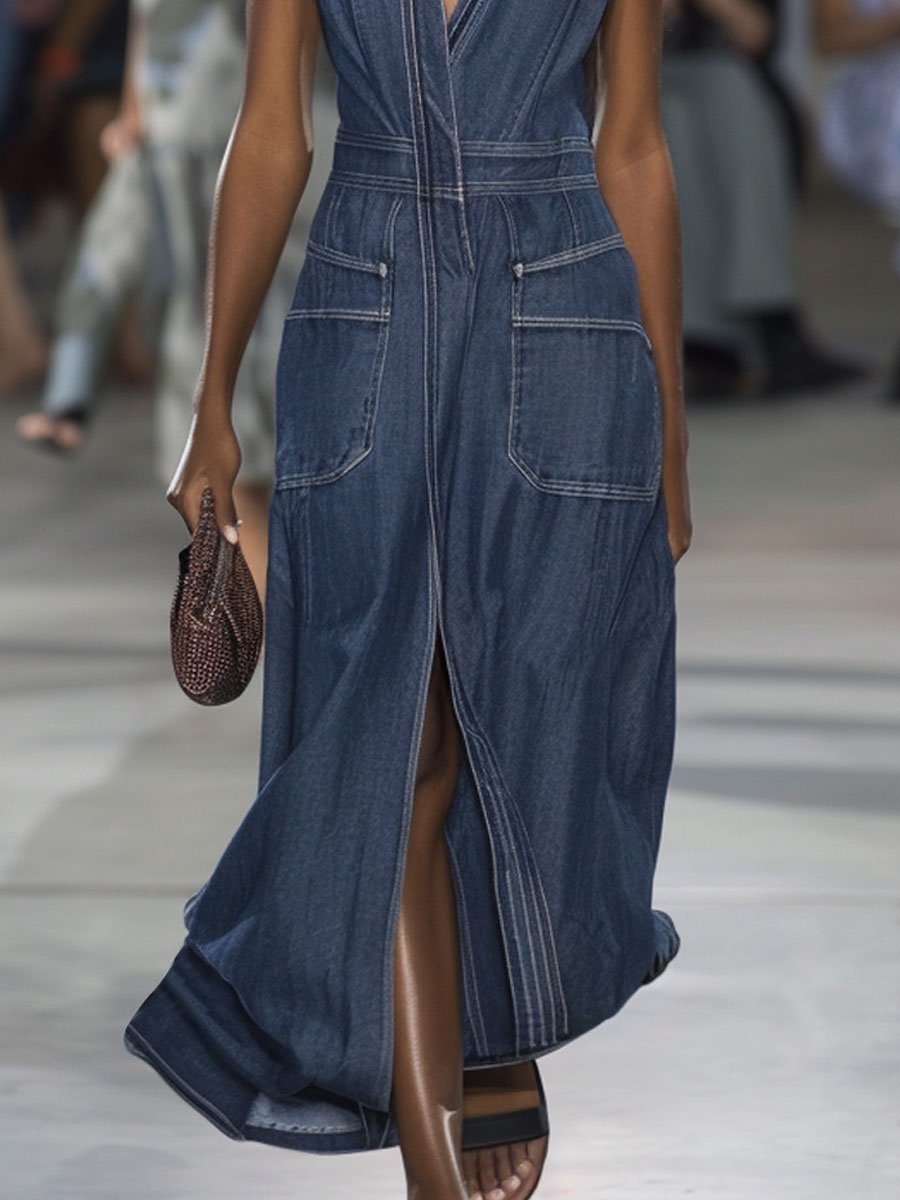 V-Neck Casual Pocket Sleeveless Slit Denim Maxi Dress