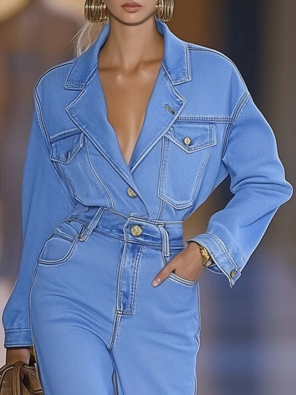 Easy and Comfortable V-neck Light Blue Denim Jumpsuit