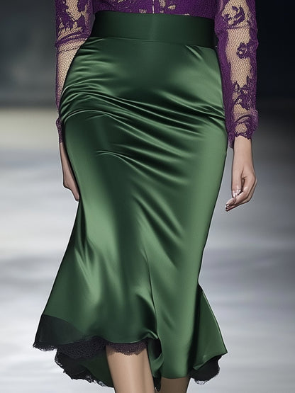 Romantic and Charming Purple Lace and Green Satin Long-sleeved Midi Dress