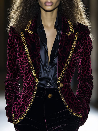 Casual Loose Velvet Leopard Print Lapel Blazer