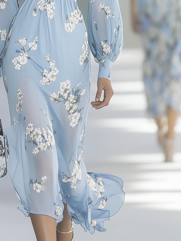 Romantic Chiffon Print Light Blue Long Sleeve Maxi Dress