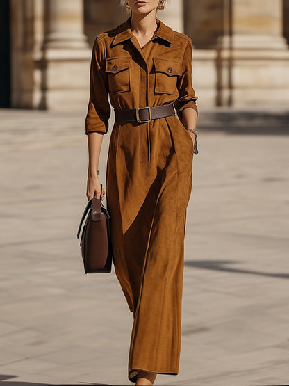 Retro Casual Fashion Lapel Pocket Suede Jumpsuit