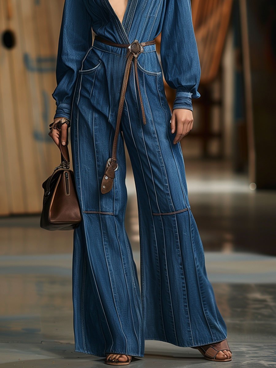 V-Neck Casual Retro Pocket Long Sleeve Denim Wide-Leg Jumpsuit