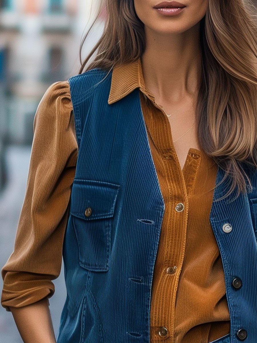 Casual Loose Pocket V-Neck Vintage Corduroy Vest