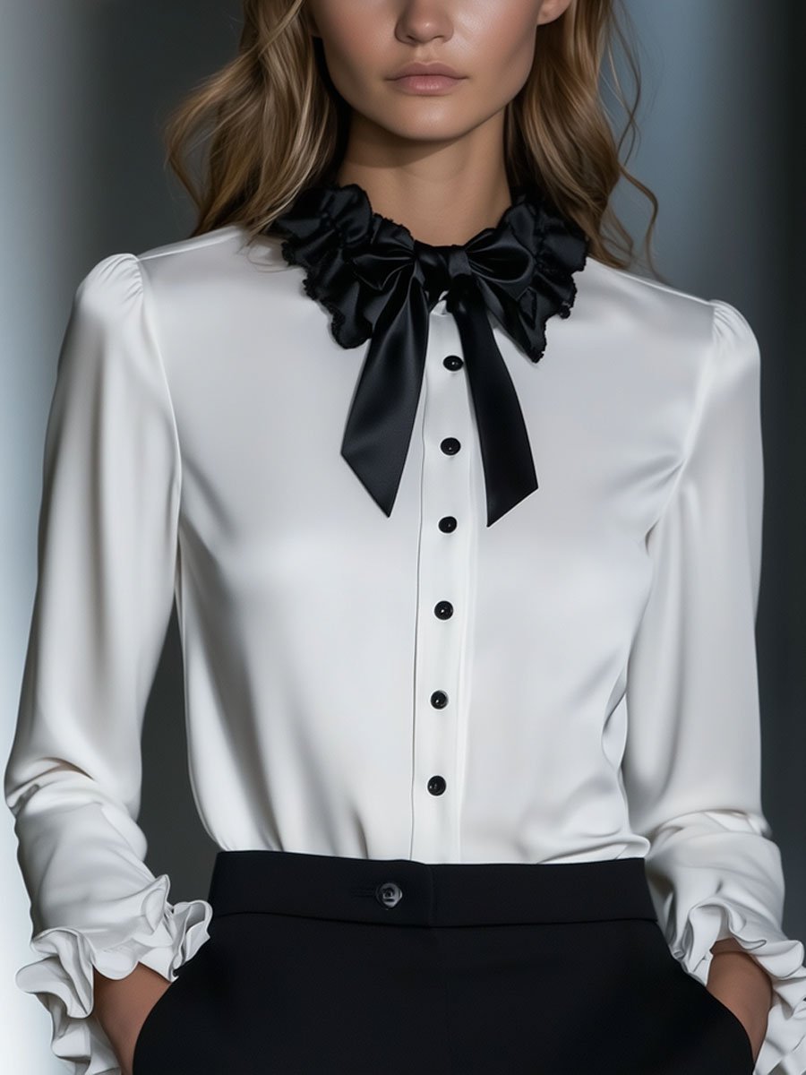 Loose Retro Black Tie Collar White Satin Ruffle Long Sleeve Blouse