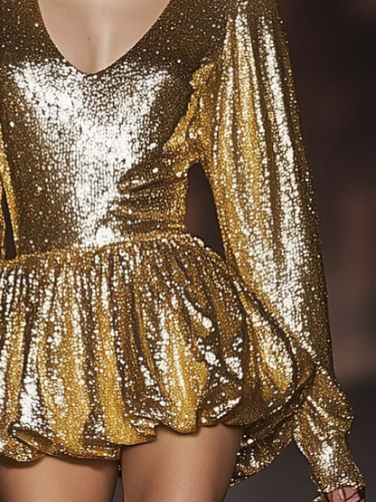 Fashion Personality U-neck Bubble Hem Gold Shiny Texture Mini Dress