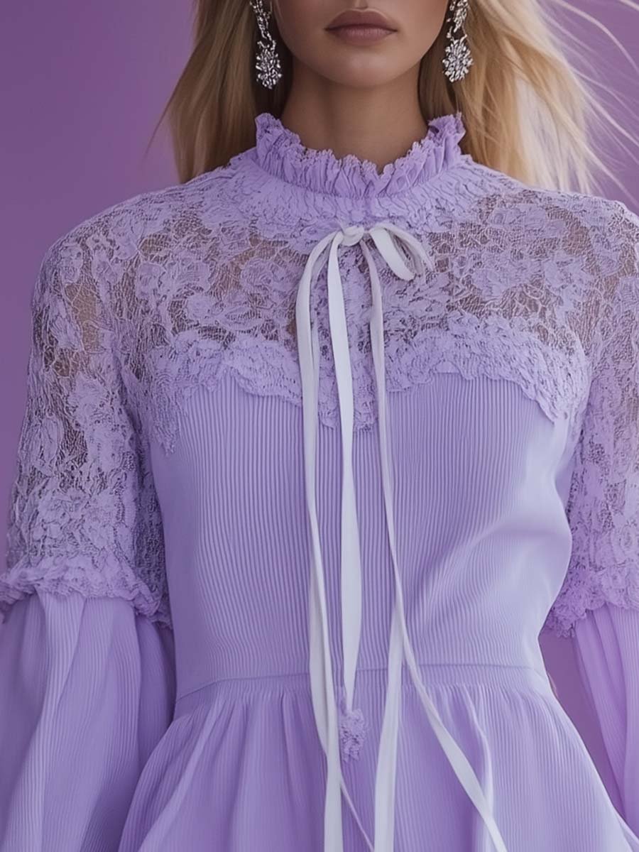 Elegant Lotus Leaf Half High Collar Lace Stitching Lavender Mini Dress