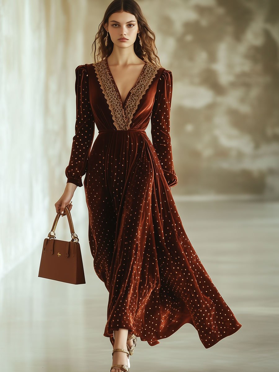 Fashion Retro V-neck Lace Splicing Long Sleeve Maxi Dress