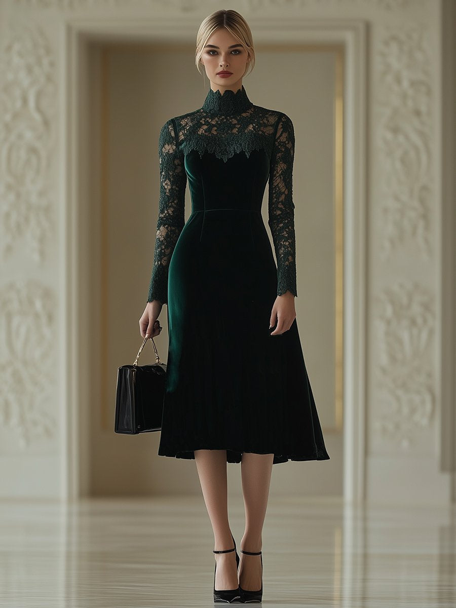 【24-hour shipping】Elegant Retro Velvet Stitching Lace High Collar Long Sleeve Midi Dress