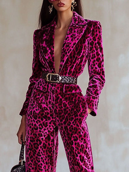 Casual Loose Vintage Velvet Leopard Print Lapel Pocket Jumpsuit