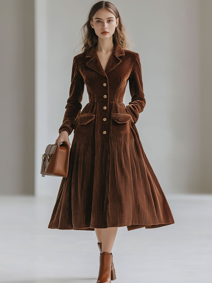 Casual Loose Retro Corduroy Single-Breasted Trench Coat-Style Midi Dress