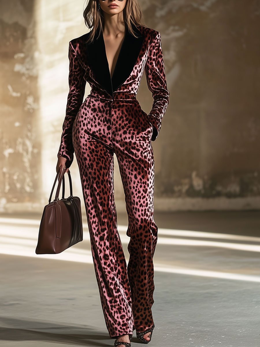 Casual Loose Retro Velvet Leopard Print Colorblock Lapel Long Sleeve Jumpsuit