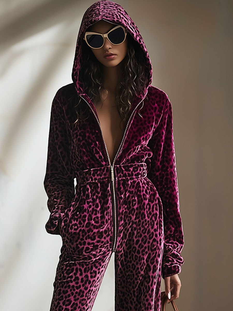 【24-hour shipping】Casual Retro Purple Velvet Leopard Print Elastic Waist Zipper Hooded Jumpsuit