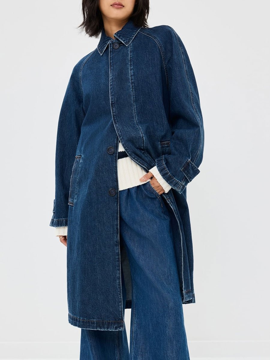 Casual Loose Retro Pocket Long Denim Trench Coat