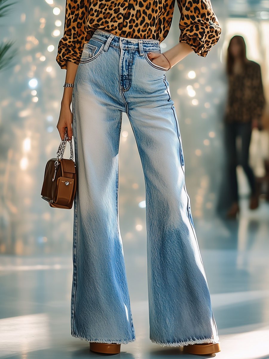 Casual Fashion Raw Edge High Rise Straight Flared Jeans