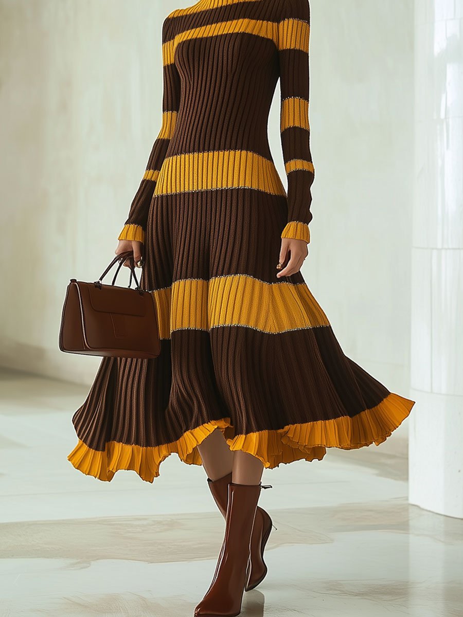 Fashion Retro Striped Knitted Turtleneck Long Sleeve Midi Dress