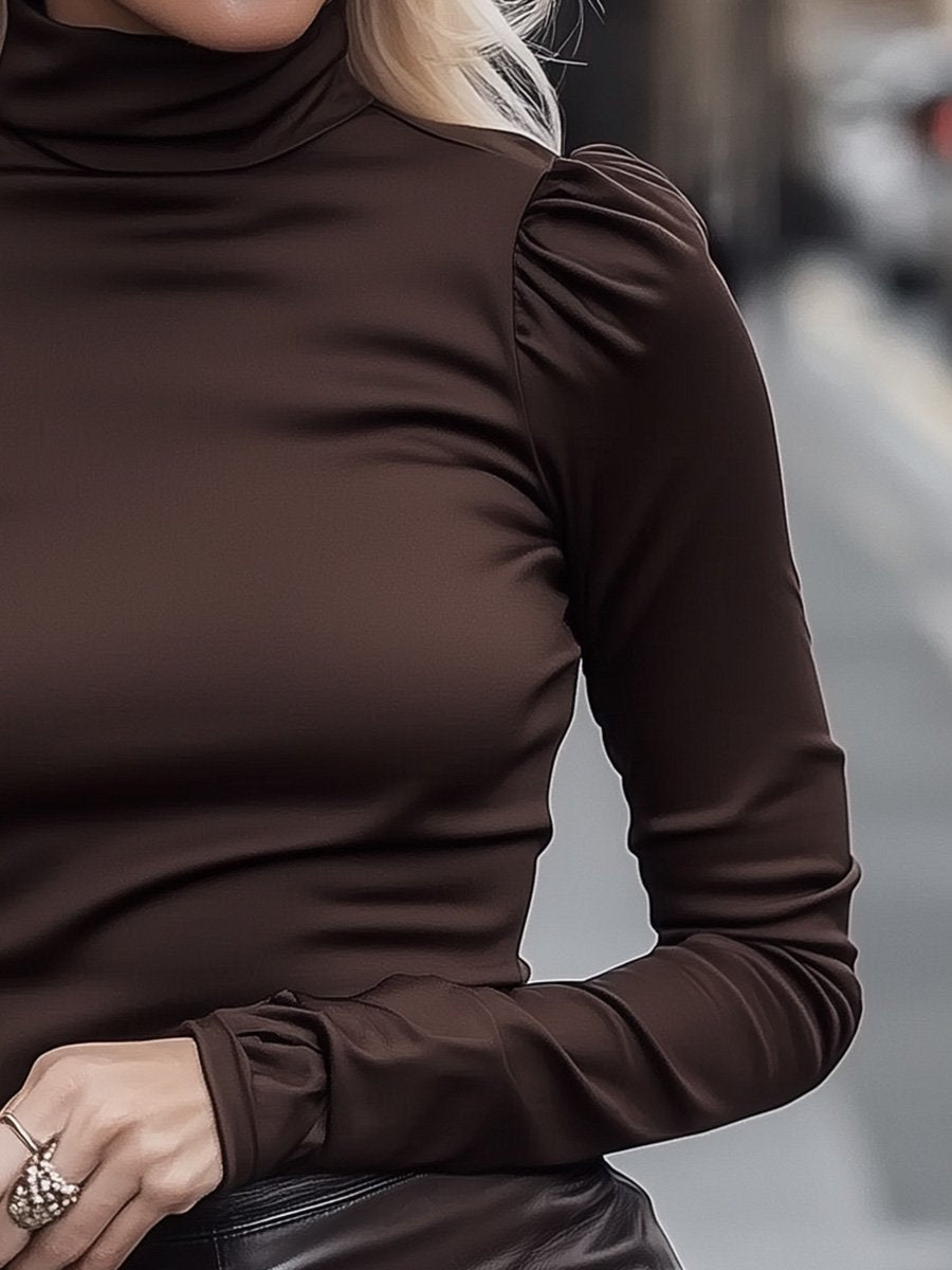 Elegant and Versatile High-neck Puff Sleeve Chocolate Brown Bottoming Shirt