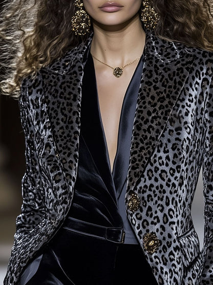 Casual Loose Velvet Leopard Print Lapel Metal Button Blazer