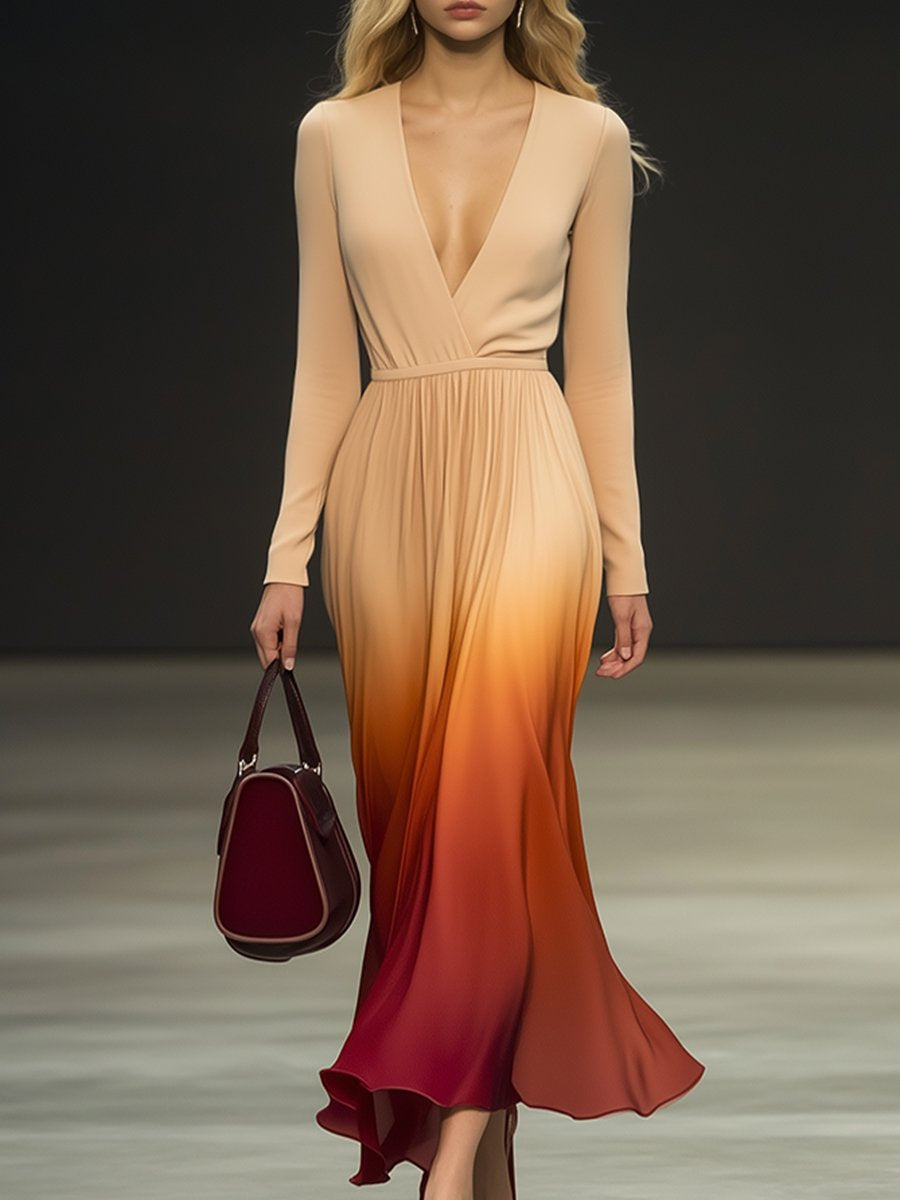 Elegant V-neck Gradient Long-sleeved Maxi Dress