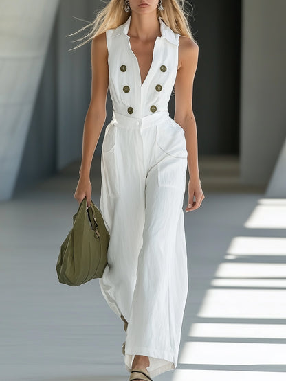 Elegant Lapel Linen White Sleeveless Jumpsuit