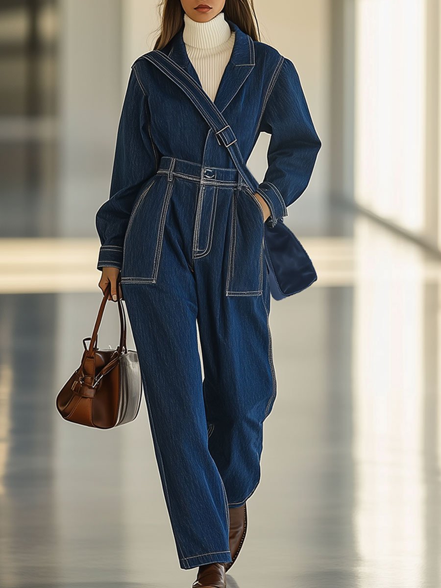 Casual Loose Retro Pocket Topstitched Long Sleeve Denim Jumpsuit