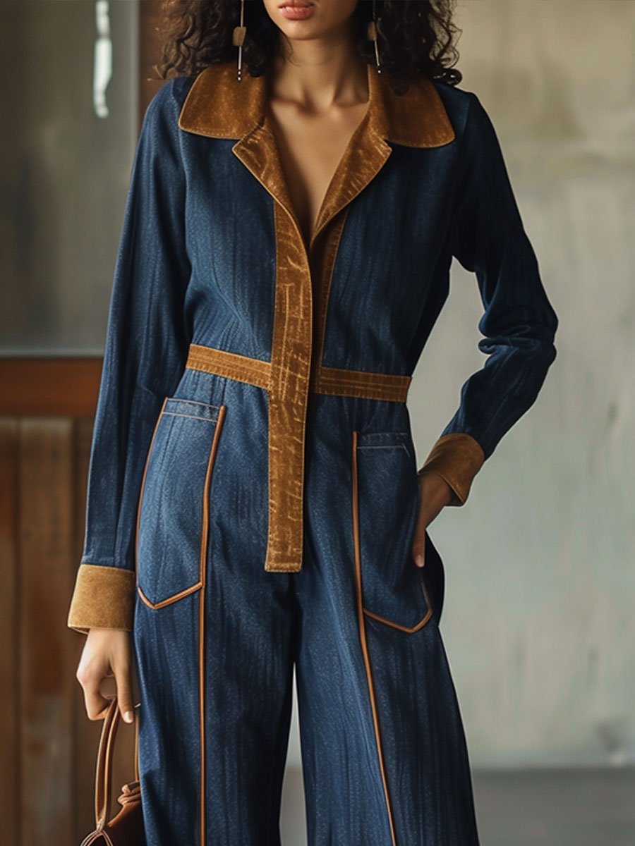 【24-hour shipping】Casual Loose Retro Suede Denim Splicing Long Sleeve Jumpsuit