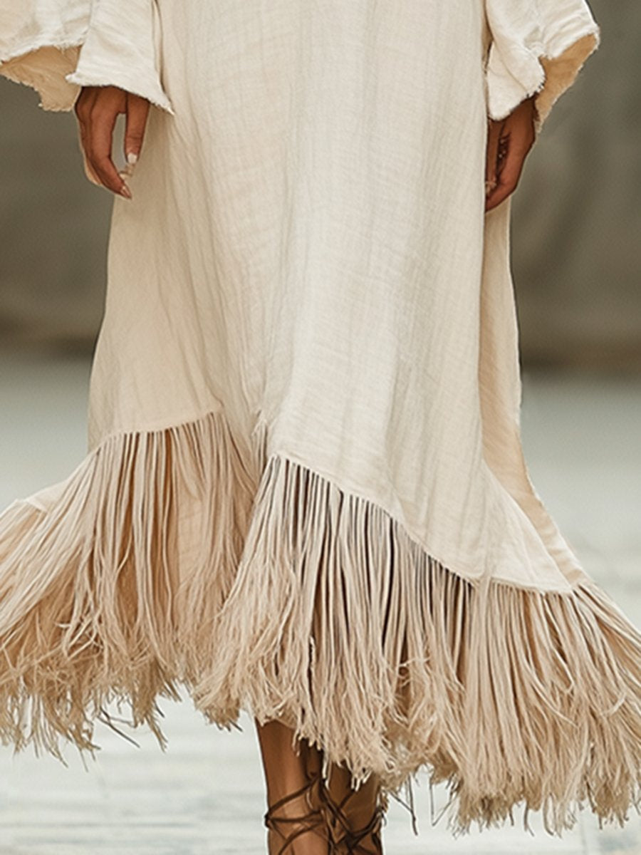 Casual Loose Simple Hem Tassel Beige Long Sleeve Maxi Dress