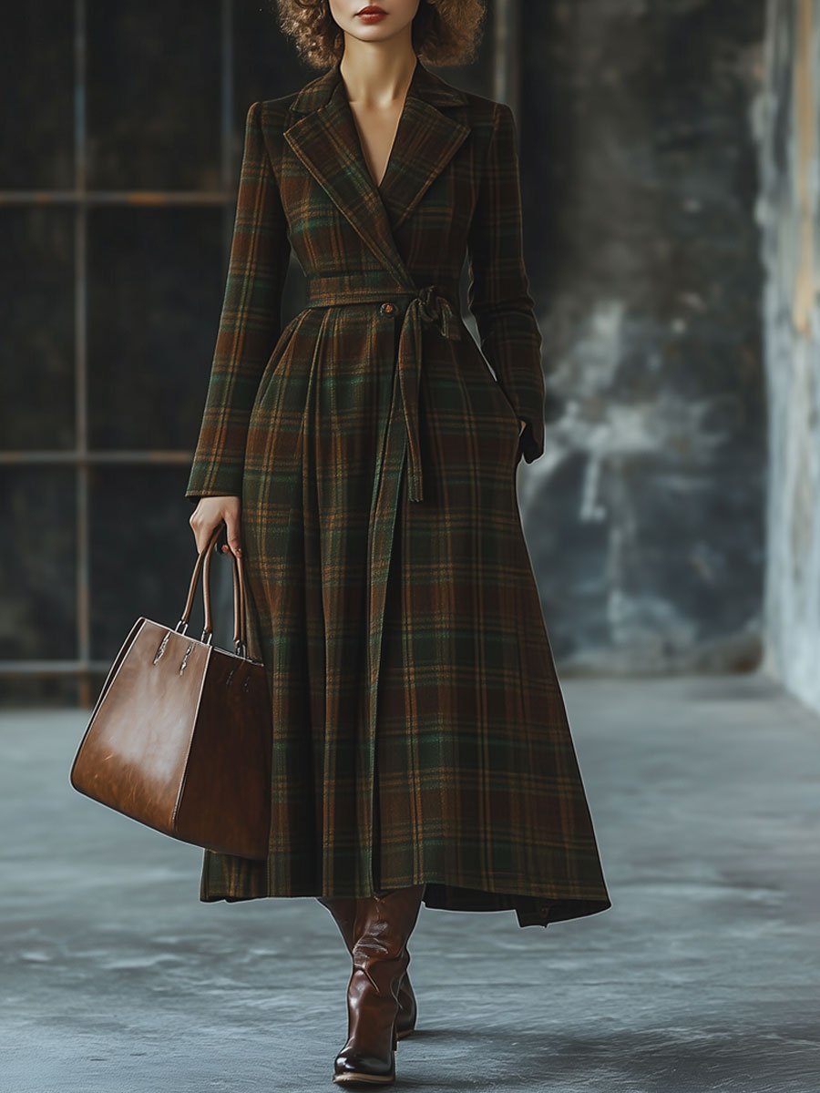 Casual Loose Retro Wool Plaid Lapel Pocket Tie Coat